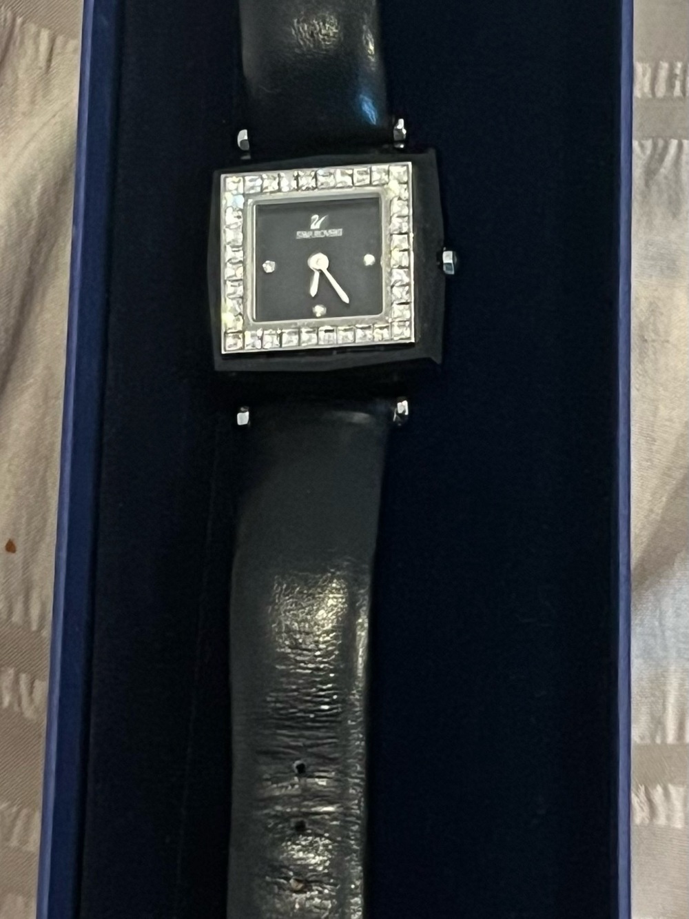 Swarovski Rock N Light Ladies Watch - Square Crystal Bezel, Black Leather Strap
